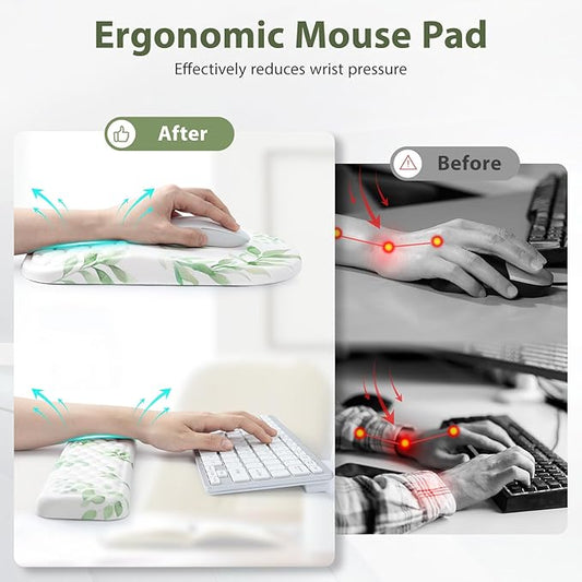 3 in 1 Ergonomic Mouse Pad and Keyboard Wrist Rest, Cute Mouse Pad with Wrist Support Massage Design, Non-Slip Wrist Pad for Mouse, Desk Mouse Set (Green Plant)