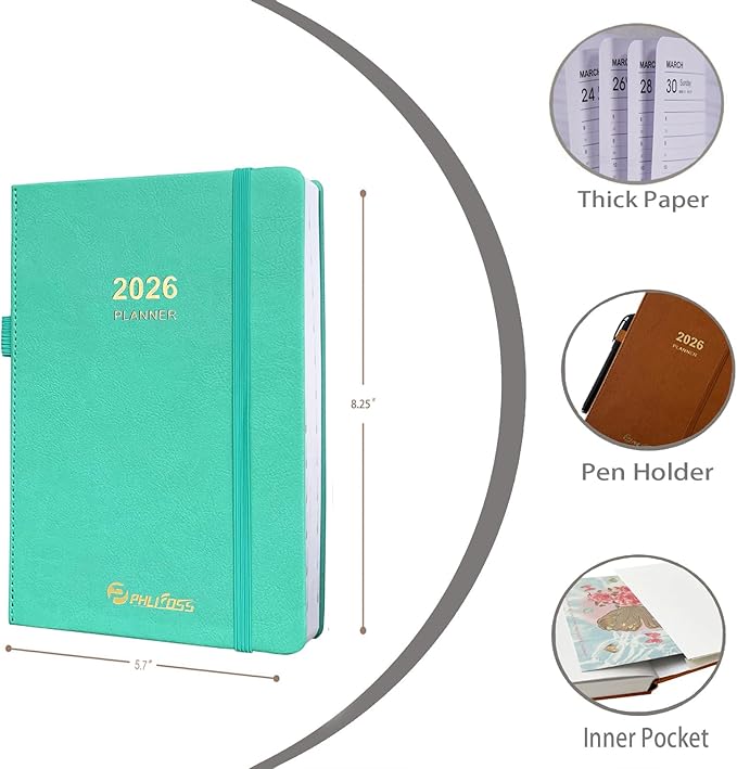 2026 Daily Planner/Calendar, One Page Per Day, Daily Monthly Agenda Planner with Time Slots and Monthly Tabs, Jan - Dec 2026, 5.7" x 8.25" Appointment Book, Pen Holder, Leather Cover (2026-Lake Green)