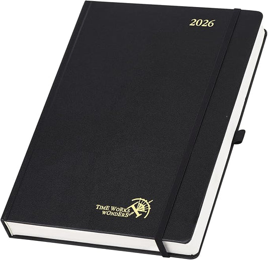 POPRUN 2026 Daily Planner One Page Per Day Even Weekends A4 Large Size (8.5" x 12") - 12 Months Calendar Hourly Appointment Book with Inner Pocket, Pen Holder, Hardcover - Black