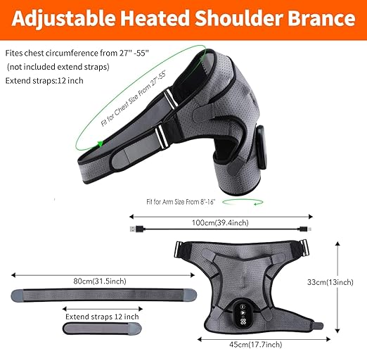 Heated Shoulder Brace for Men Women, USB Rechargeable Shoulder Heating Pads, Shoulder Massager for Pain Relief, Cordless Heated Shoulder Wraps for Left Right Rotator Cuff Support, 5000mAh