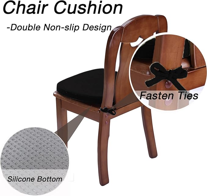 Chair Cushion with Ties for Dining Chair - Memory Foam No Slip Kitchen Chair pad and Dining Room Seat Cushion with Machine Washable Cover Set of 4 [16.5 X 16.2 Inches] - (Black,4)