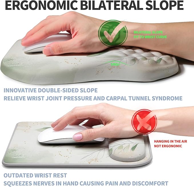 Ergonomic Raised Mouse Pad Wrist Support with Bilateral Slope Memory Foam Mousepad for Wrist Rest and Carpal Tunnel Pain Relief 11.8x7.9〃 Green Leaf