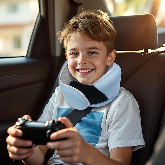 Proglobe Junior Kids Travel Neck Pillow - Ergonomic Memory Foam Pillow for Airplane, Car, Booster Seat - Soft, Washable, Compact Travel Pillow with Strap - Light Blue - Ages 4–13