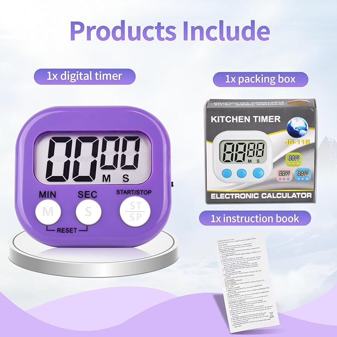 4 Pack Purple Digital Kitchen Timer Magnetic Digital Timer with Big Display Loud Ring Cooking Timers for Cooking, Game, Gym, Break Time, Classroom (4, Pruple)