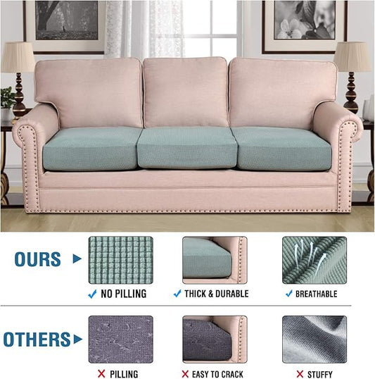 H.VERSAILTEX Super Stretch Couch Cushion Covers Sofa Cushion Slipcovers Jacquard Fabric Individual Seat Couch Slipcover Sets for Pets with Elastic Bottom(3 Packs Cushion Sofa Covers, Sage)