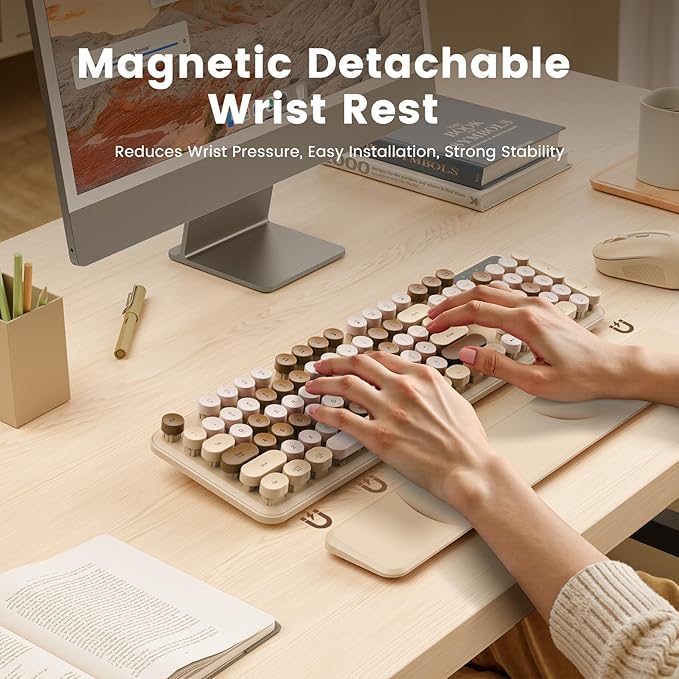SABLUTE Wireless Keyboard, Round Keycaps, Retro Typewriter Keyboard with Detachable Wrist Rest, Sleep Mode, Foldable Legs, 2.4GHz Full-Size Cordless Computer Keyboard for Windows/PC/Laptop (Latte)