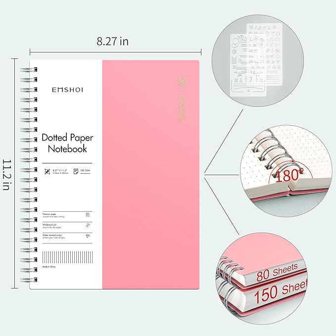 EMSHOI A4 Spiral Dotted Notebook - 150 Sheets (300 Pages), 100gsm Dot Grid Journal, Waterproof Softcover, Twin-Wire Binding Journal for School, Work, Writing, Bullet Journaling - 11.2"x8.27" Pink