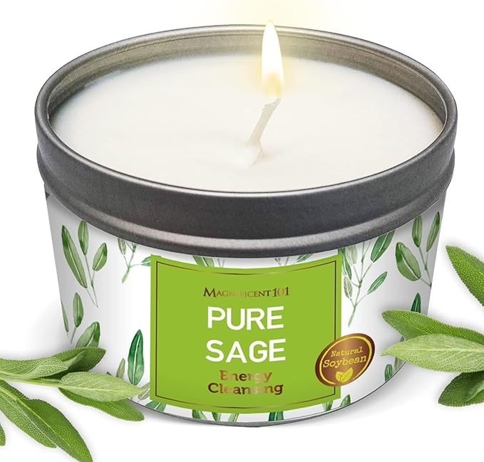 Magnificent 101 Long Lasting Pure Sage Smudge Candle - 6 Oz - 35 Hour Burn Time - Soy Wax Candle for House Energy Cleansing, Aromatherapy & Manifestation - Spiritual Gifts for Women
