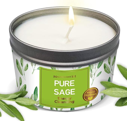 Magnificent 101 Long Lasting Pure Sage Smudge Candle - 6 Oz - 35 Hour Burn Time - Soy Wax Candle for House Energy Cleansing, Aromatherapy & Manifestation - Spiritual Gifts for Women