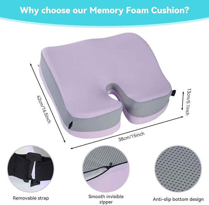 Seat Cushions for Office Chairs Wheelchair Cushion for Long Sitting Back Pain，Memory Foam Seat Car Computer Desk Chair Cushion，Coccyx Cushion for Tailbone Pain Relief Office Chair Butt Pillow Purple