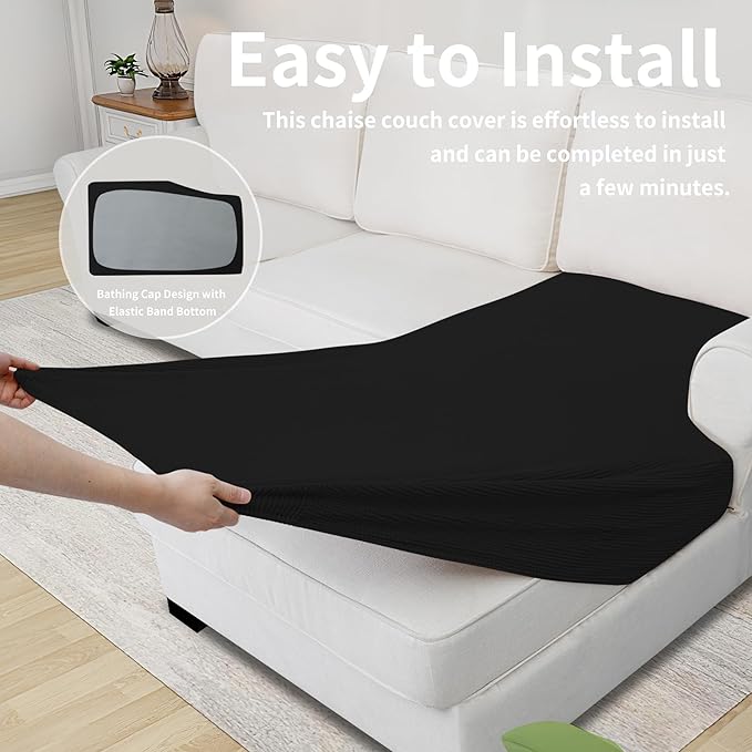 Easy-Going Stretch Sectional Couch Covers 1 Piece Chaise Lounge Slipcover L Shape Separate Cushion Couch Seat Chaise Cover for Both Left/Right Sectional Couch Black
