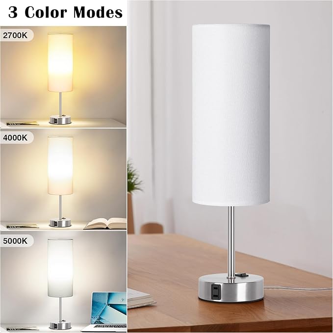 ZJOJO Table Lamp for Bedroom 2 Pack,18in Bedside Lamps with 3 Way Dimmable Rocker Switch & AC Outlet,Nightstand Desk Lamp with White Fabric Shade Nickel Basee for Living Room Home Decor Lights
