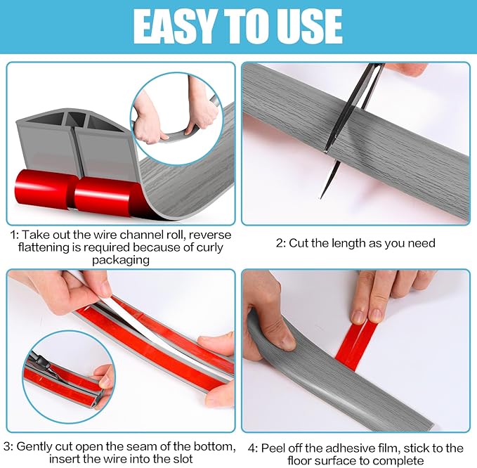 Floor Cord Cover Self Adhesive Cord Hider,10FT Cable Management, Extension Strip Protector for Wires, Prevent Cable Trips for Offices, Gyms, Exhibitions Cavity:0.51"(W) x 0.3"(H) Gray Wood