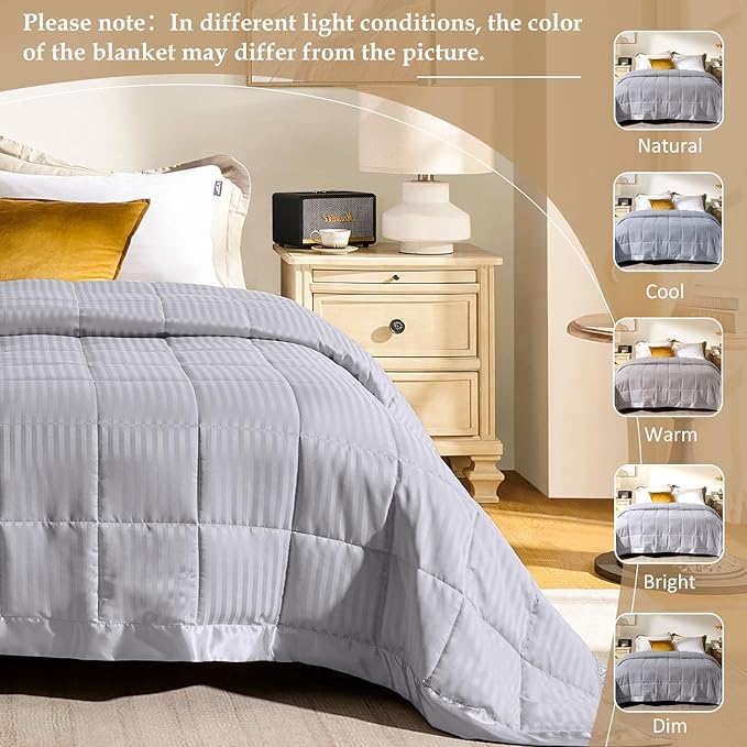 downluxe King Size Blanket with Satin Trim, Lightweight Down Alternative King Blanket for All Season, Machine Washable (Silver, 108 x 90 Inch)