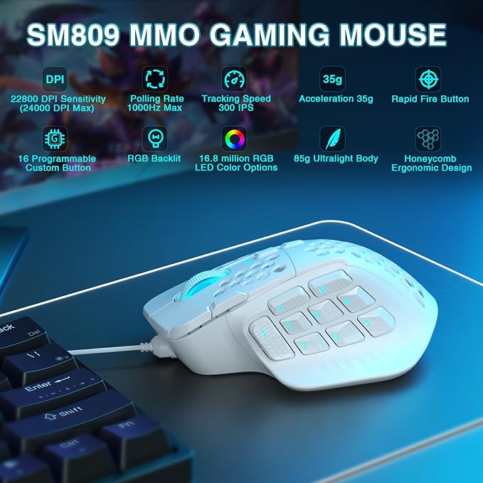 SOLAKAKA SM809 MMO Gaming Mouse Wired RGB with 9 Side Buttons,24000 DPI High Precision Sensor Optical Ergonomic Gamer Mouse,16 Programmable Custom Macro Shortcuts Remapping PC Gaming Mice for FPS MOBA