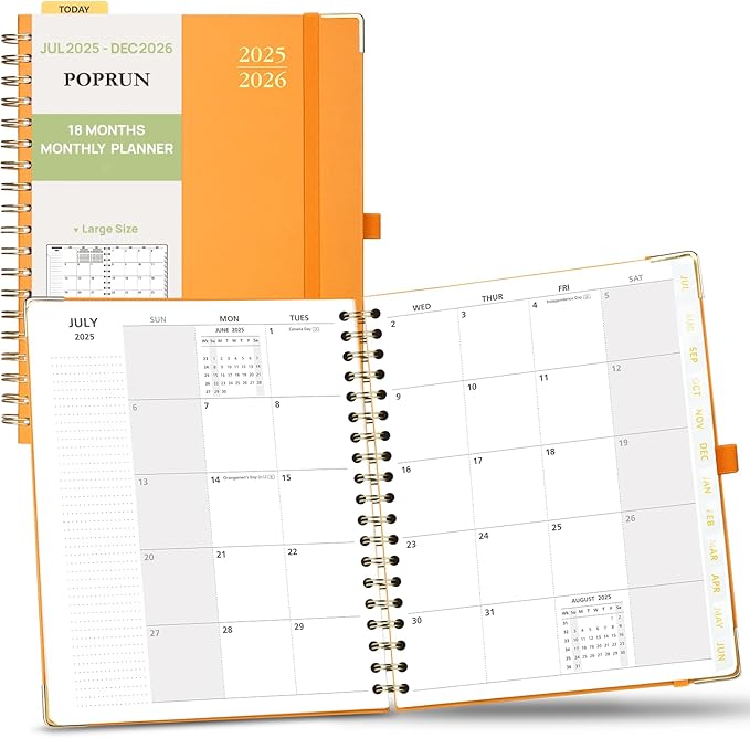 POPRUN Monthly Planner 2025-2026 Spiral Hardcover (8'' x 10''), 18 Months Calendar (Jul.2025 - Dec.2026)- 2 Pages per Month with Dotted Note Pages, Sunday Start, Laminated Tab - Orange
