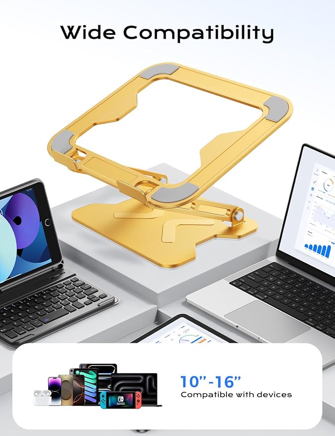Adjustable Laptop Stand for Desk, Metal Foldable Laptop Riser, Portable Laptop Holder Mount, Ventilated Cooling Computer Notebook Stand for MacBook Air Pro, All 10-16'' Notebooks Laptops, Gold