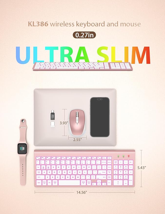 SABLUTE Wireless Keyboard and Mouse Combo Backlit - Compact Quiet Keyboard with RGB Mouse, Rechargeable, Slim, Sleep Mode, Portable Cordless Keyboard Mouse Set for Mac, Windows, Laptop, PC (Rose Gold)