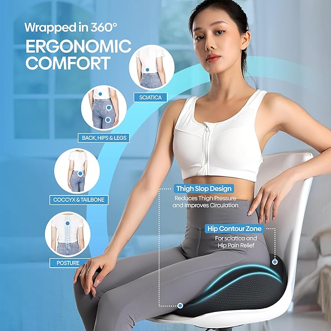 Orthopedic Gel Memory Foam Seat Cushion – Ergonomic Design for Tailbone & Sciatica Pain Relief, Coccyx, and Pressure Relief for Office Chair, Car, and Wheelchair (Black/Deep Gray, X Large)