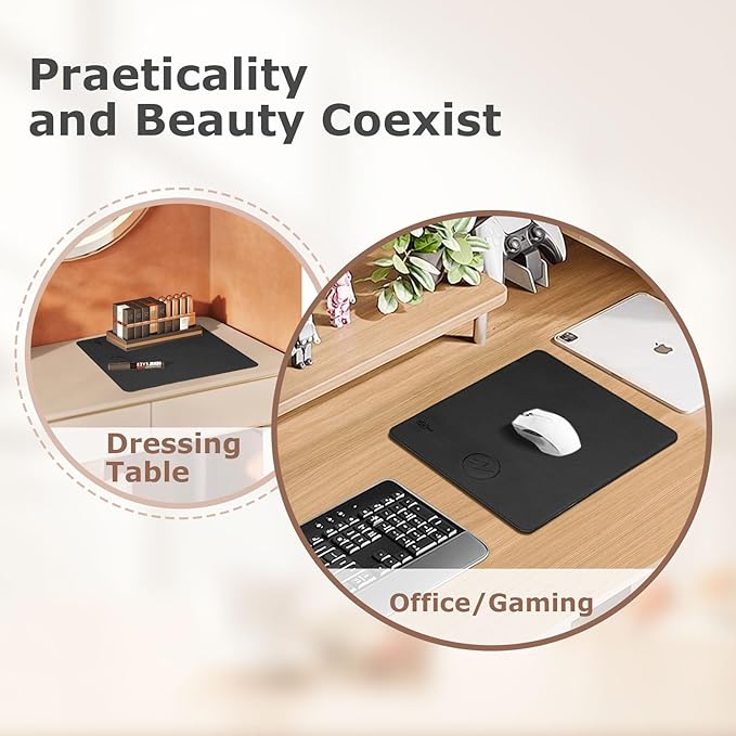 Wireless Charging Mouse Pad Firelison 2 in 1 Leather Multifunctional Office Desk Pad with Non-Slip Rubber Base, Waterproof Desk pad for Computers/Office/Work/Home/Decor（ 12" x 10"Black - L）