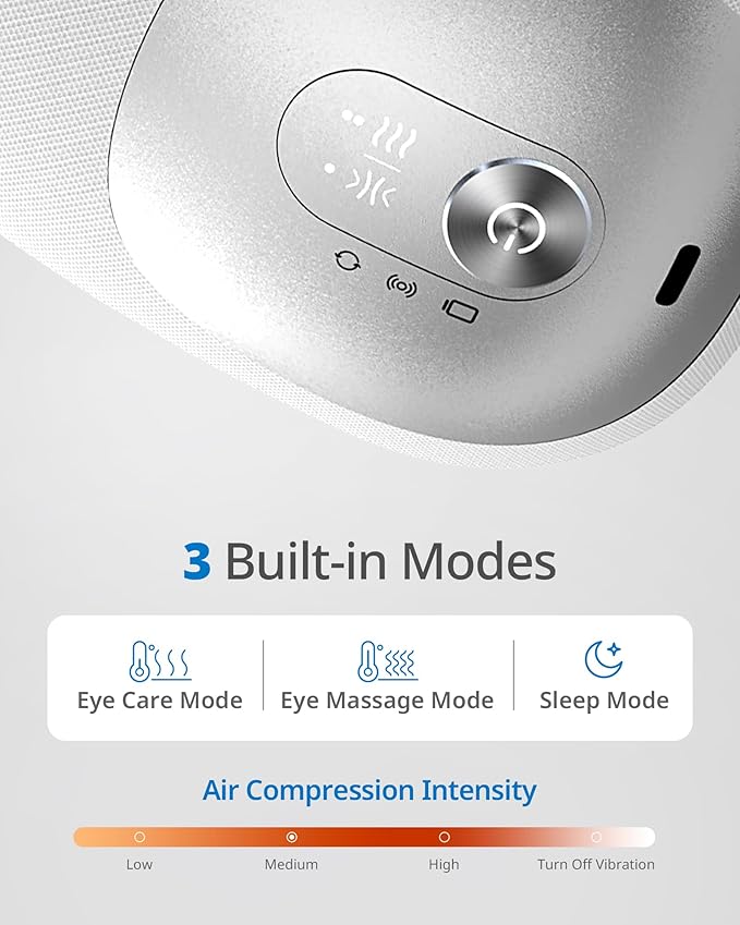 Ultra Light Eye Massager with 2 Level Heat, 120 Mins Uses, 3 Air Compression & Massage Modes, Heated Eye Mask with Bluetooth Music for Migraine Relief, Strain and Dry Eyes, Relaxation for Women Men