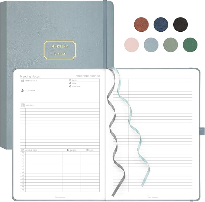 EMSHOI Meeting Notebook for Work with Action Items - 240 Pages A4 Large Project Planner Agenda Organizer Work Notebook for Women Men Office Business, PU Leather Hardcover, 8.5" x 11", Gray Blue