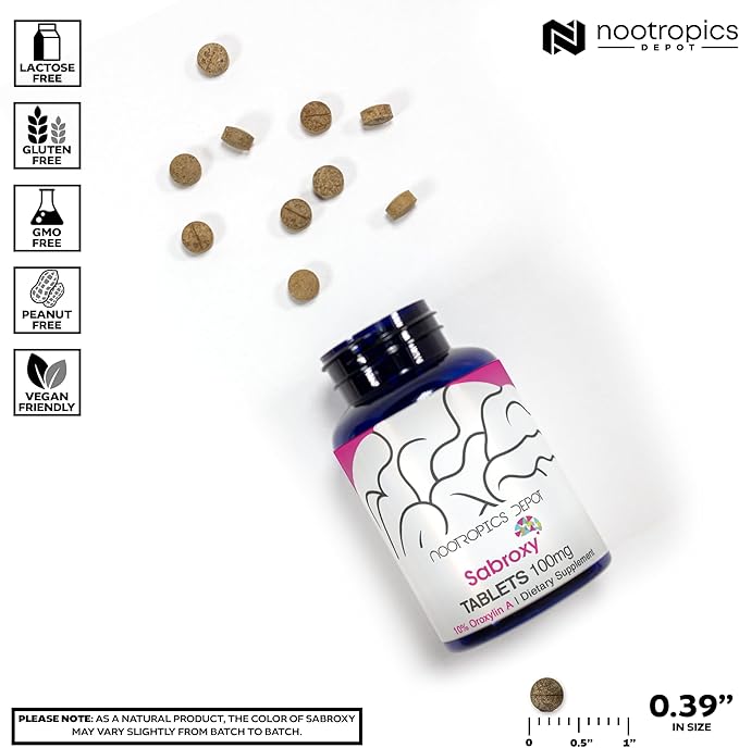 Nootropics Depot Sabroxy® Tablets | 100mg | 90 Count | Minimum 10% Oroxylin-A | Oroxylum indicum | May Help Promote Focus & Motivation | May Help Promote Cognitive Function