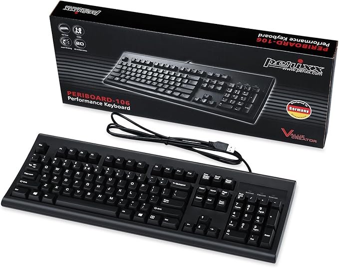 Perixx Periboard-106, Wired Performance Full Size Keyboard, Curve Ergonomic Keys, Black, US English Layout (11204)
