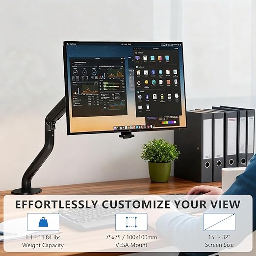 Lyngins Single Monitor Mount, Adjustable Monitor Arm Desk Stand for 15 to 32 inch Screens, VESA Mount with 75x75/100x100 mm, Computer Monitors Gas Arm Holds Up to 19.84 lbs - Black