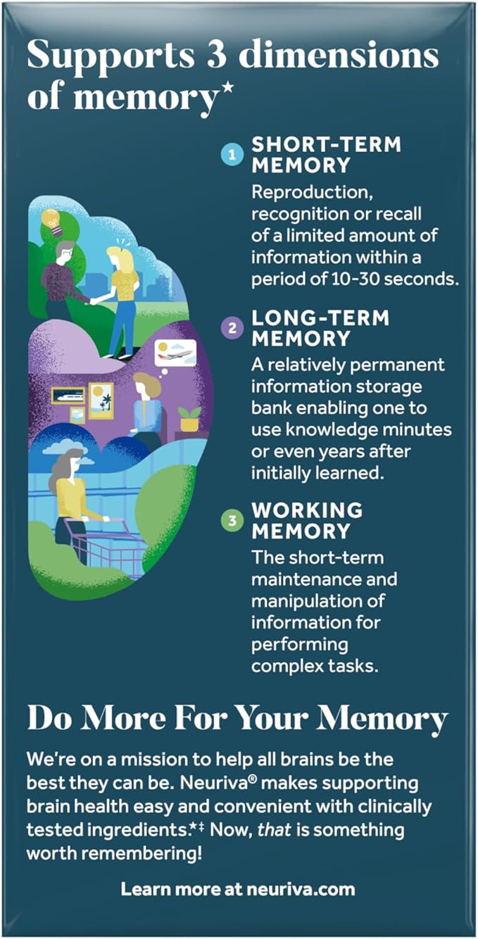 NEURIVA Memory 3D Brain Supplement - Decaffeinated Nootropic Capsules for Memory, Focus, & Cognitive Function - Short Term, Long Term, & Working Memory Support - 50ct