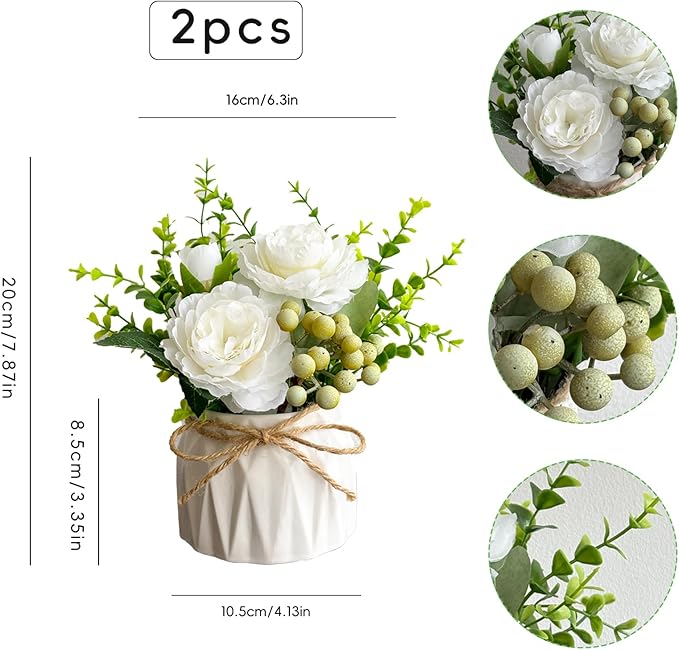 Faux Flowers with Vase, 2pcs Small White Artificial Flowers Arrangement, Potted Plants,Decoration for Bathroom Home Party Office Desk Wedding,Coffee Table Decor (White)