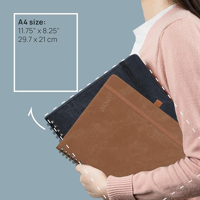 POPRUN 2026 Weekly Planner (A4-8.25'' x 11.75''), Quarter-Hourly Appointment Book (Jan. 2026 to Dec. 2026) with Monthly Tabs, Spiral Softcover, 2 Inner Pockets, Pen Holder - Indigo Blue