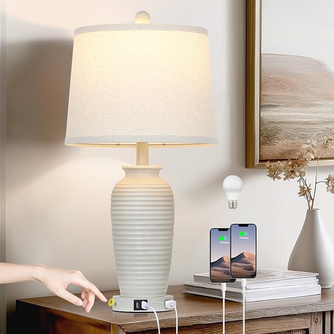25" Vintage Farmhouse Jar Table Lamps, Single Rustic Bedside Lamp with USB A+C Ports & AC Outlet, Nightstand Lamps for Living Room, Bedroom, End Table, Cream(LED Bulb Included)
