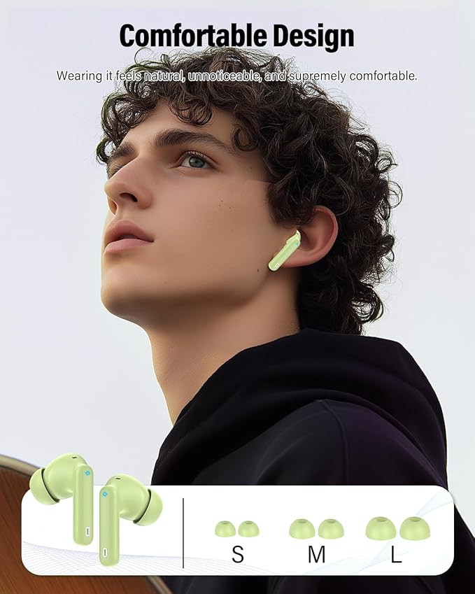 Wireless Earbuds, Bluetooth 5.4 Headphones Bass Stereo, Ear Buds with Noise Cancelling Mic, IP7 Waterproof in Ear Earphones, 36H LED Display Bluetooth Earbuds for Laptop Pad Phones Sports, Grass Green