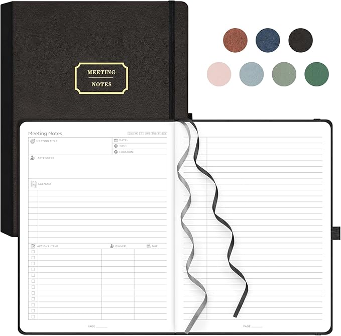 EMSHOI Meeting Notebook for Work with Action Items - 320 Pages B5 Thick Project Planner Agenda Organizer Work Notebook for Women Men Office Business Notes, PU Leather Hardcover, 7.5" x 10", Black