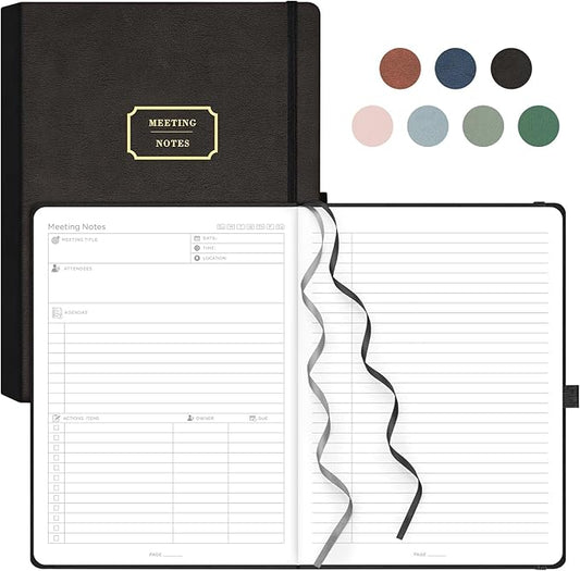 EMSHOI Meeting Notebook for Work with Action Items - 320 Pages B5 Thick Project Planner Agenda Organizer Work Notebook for Women Men Office Business Notes, PU Leather Hardcover, 7.5" x 10", Black