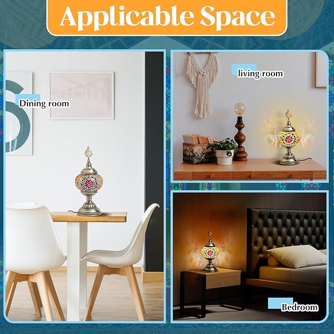 Large Globe Turkish Moroccan Table Lamp Handmade Vintage Colorful Moroccan Glass Lampshade Turkish Desk Lamp Bohemian Decorative Night Light for Bedroom, Living Room, Gift (LED Bulb Included)