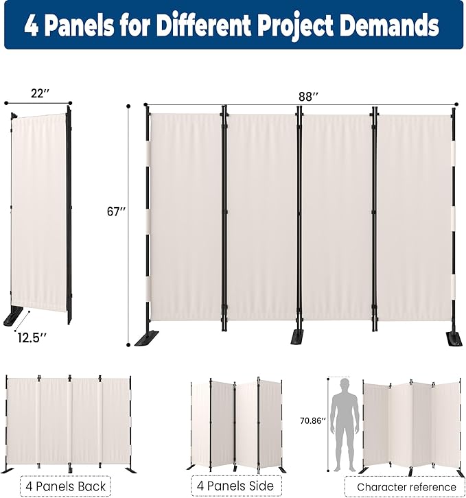 Room Divider, 4 Panel Upgraded Folding Privacy Screen, 88” Highly Secretive Separation with 3 Metal Feet, Partition Screen, Lightweight Freestanding Wall Divider Bedroom (White)