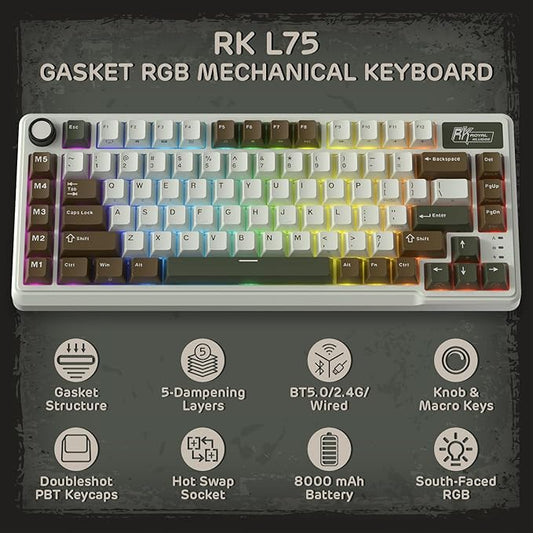 RK ROYAL KLUDGE L75 Gasket Mount Mechanical Keyboard w/Knob/Macro Keys & Touchable Nameplate, Tri-Mode 75% TKL Wireless Keyboard BT/2.4G/USB-C, Hot Swappable, Pro Software, Massive 8000mAh Battery