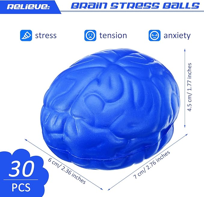 Jenaai 30 Pcs Brain Stress Ball Halloween Squeeze Toy 2.76 Inch PU Hand Muscle Exercise Pressure Ball Funny Stress Relief Toy for Teens Adults Improving Grip Strength Release Pressure(Blue)