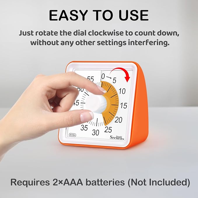 Secura 60 Minute Essential Visual Timer for Kids, Countdown Clock Timer for Special Education, Classroom, School, Desk, Home, Office, Silent Non-Ticking Time Management Tool (Orange & Orange)