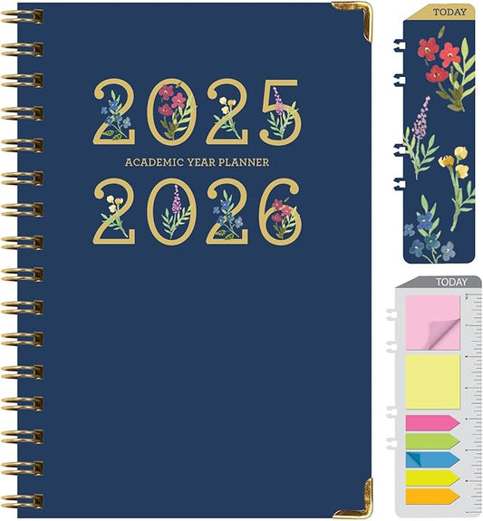 HARDCOVER Academic Year 2025-2026 Planner: (June 2025 Through July 2026) 5.5"x8" Daily Weekly Monthly Planner Yearly Agenda. Bookmark, Pocket Folder and Sticky Note Set (Navy Gold Numbers)
