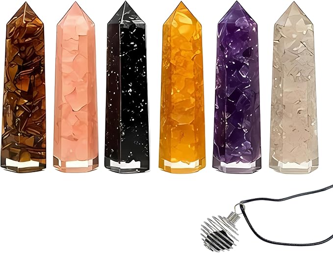 Healing Crystal Wand Set of 6 Orgonite with 3.5” Amethyst, Tigers Eye, Rose Quartz, Black Tourmaline Stone, Citrine Crystal, Clear Quartz, Crystals and Healing Stones Plus Black Tourmaline Necklace