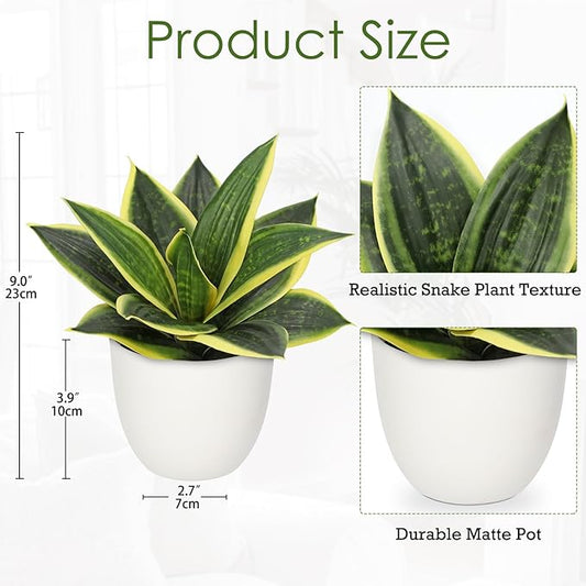 Hollyone Artificial Snake Plants 9" Faux Agave Succulent Plant Potted in White Pot Fake Sansevieria Aloe Tropical Plant for Desk Modern Office Home Bathroom Indoor Outdoor Decor