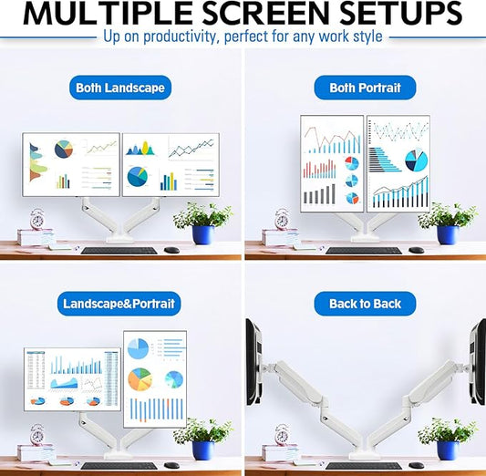 MOUNTUP Dual Monitor Stand for Desk, Pneumatic Monitor Arms for 2 Monitors Max 32 Inches, Height Adjustable Double Monitor Mount, VESA Mounts with C-Clamp & Grommet Base, Holds 4.4-17.6lbs, White