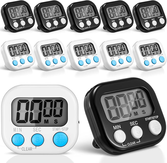 Xuhal 12 Pieces Digital Kitchen Timer Bulk, Small Magnetic Timers for Classroom, Digits Stopwatch Clock Timer for Cooking Baking Sports Games Office, Not Including Battery (Black,White)