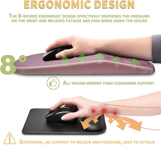 Ergonomic Wrist Rest Mouse Pad, Massage Design for Carpal Tunnel Pain Relief, Non-Slip Memory Foam, Pink