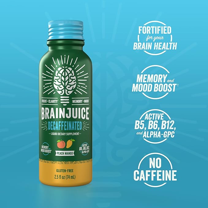 BrainJuice Decaf Brain Support Shot, Gluten Free Supplement Shots for Energy & Focus, Healthy Drinks with Alpha GPC, Vitamin B & Decaffeinated Green Tea Leaf, Peach Mango, 2.5 fl oz, 12 Pack