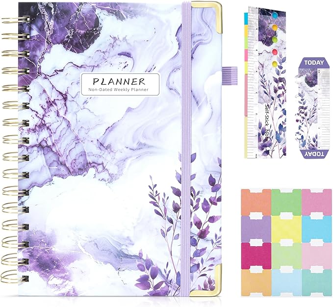 Ospelelf Undated Mini Planner Daily Spiral Binding Weekly Monthly Hardcover Calendar Planners with Stickers 12 Months Productivity Aesthetic Journey Booklet Size Purple Marble