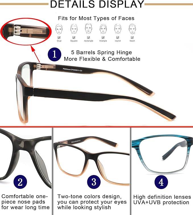 4-Pack Reading Glasses Blue Light Blocking for Men,Comfort Lightweight Eyeglasses Flexible Spring Hinge,Anti Eyestrain/Glare Filter UV Ray Computer Readers(3.75x)